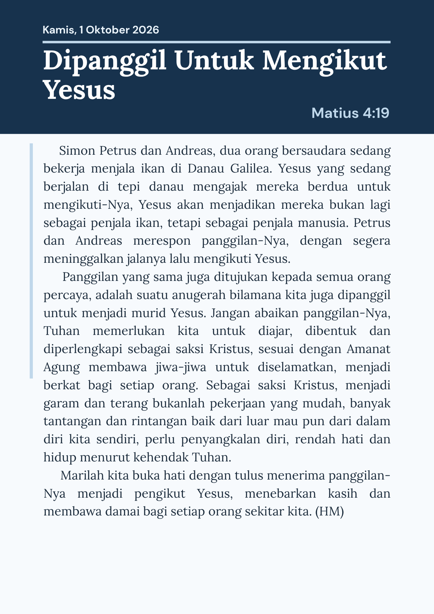 Dipanggil untuk mengikut Yesus