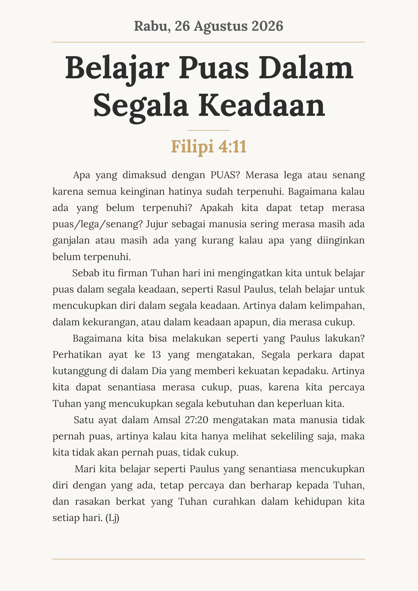 Belajar Puas Dalam Segala Keadaan