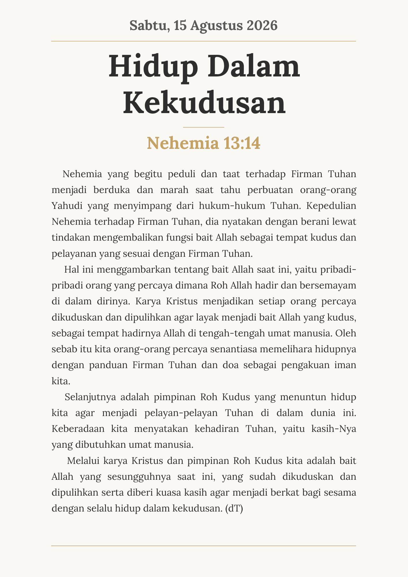 Hidup Dalam Kekudusan