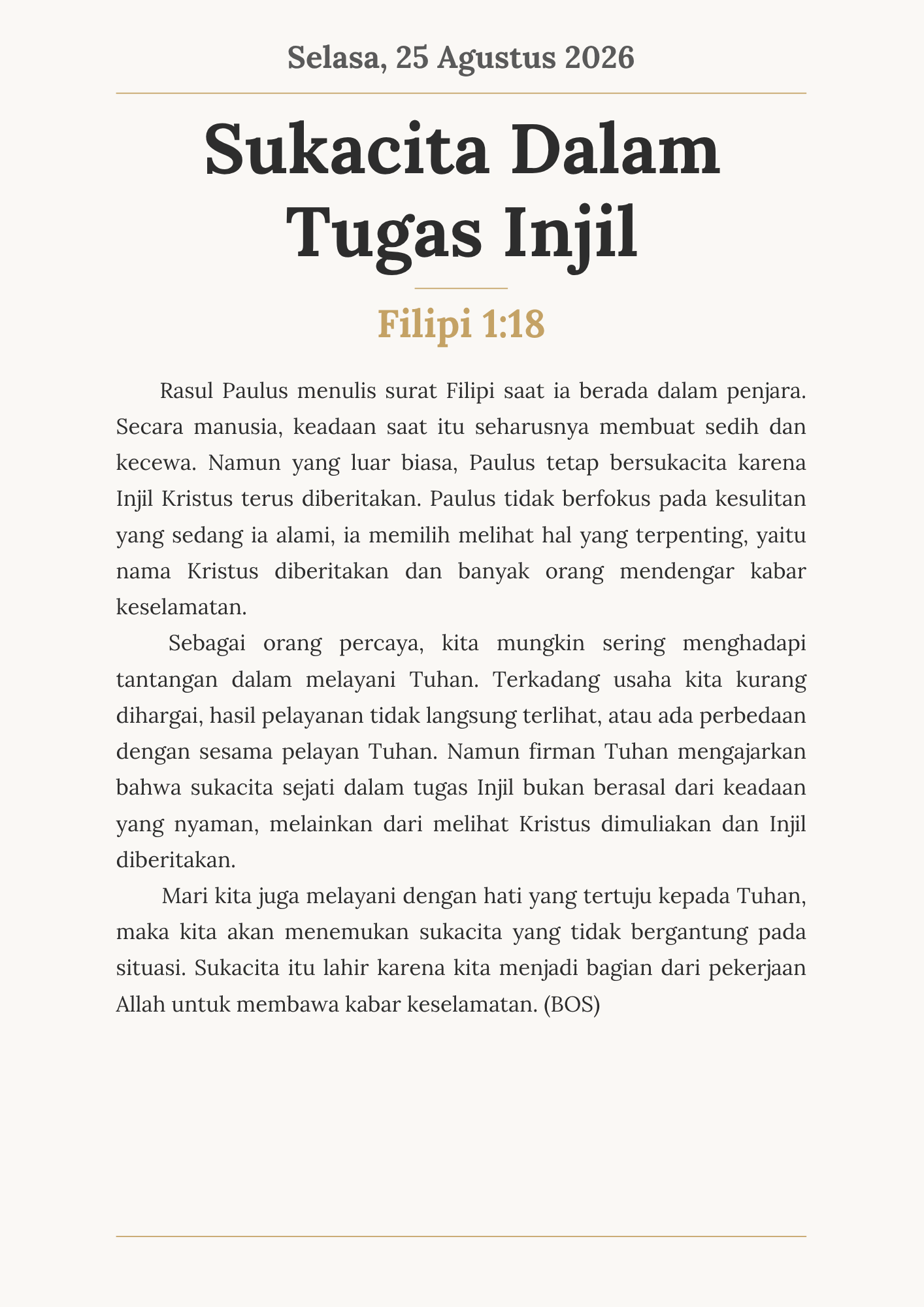Sukacita Dalam Tugas Injil