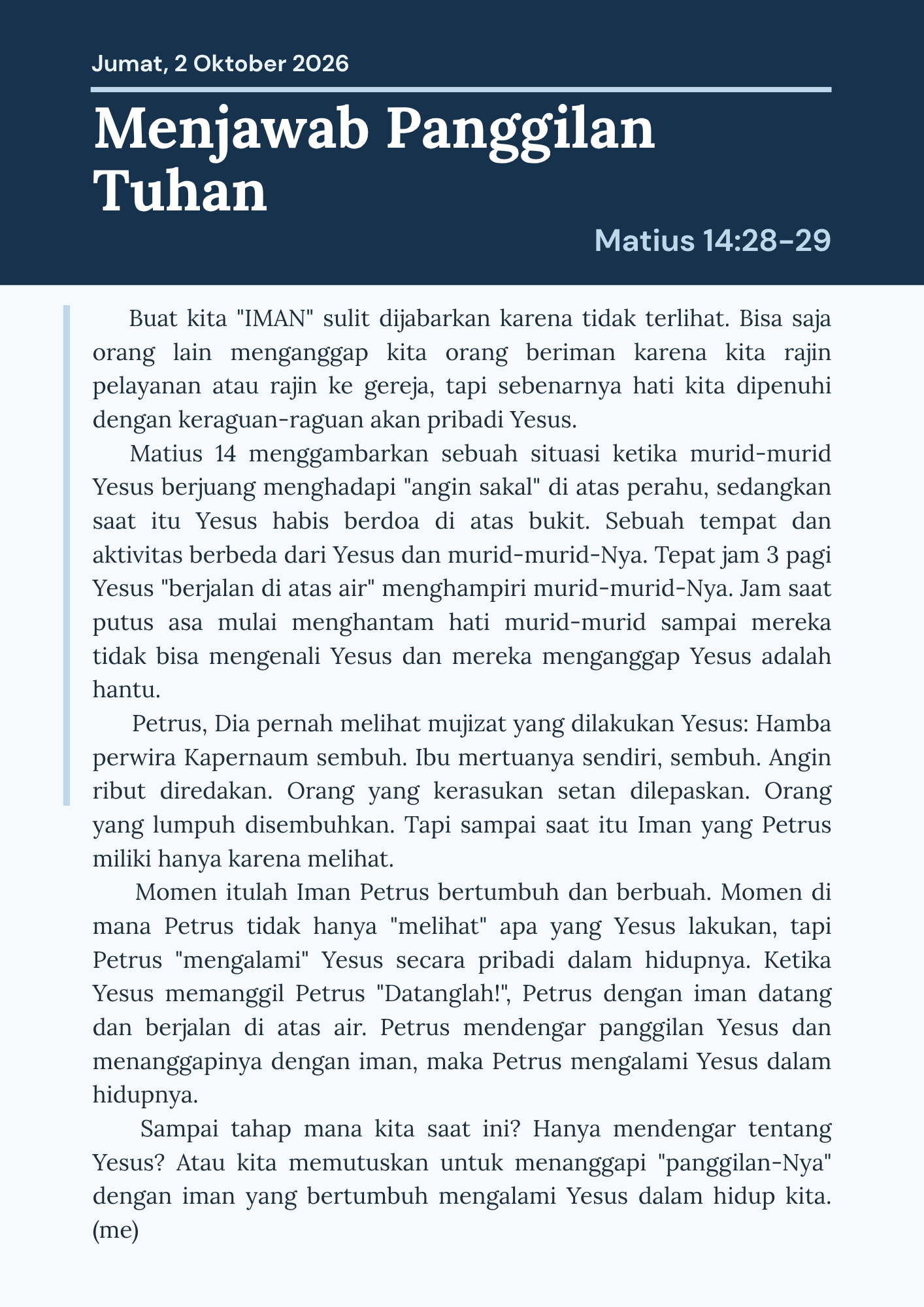 Menjawab Panggilan Tuhan