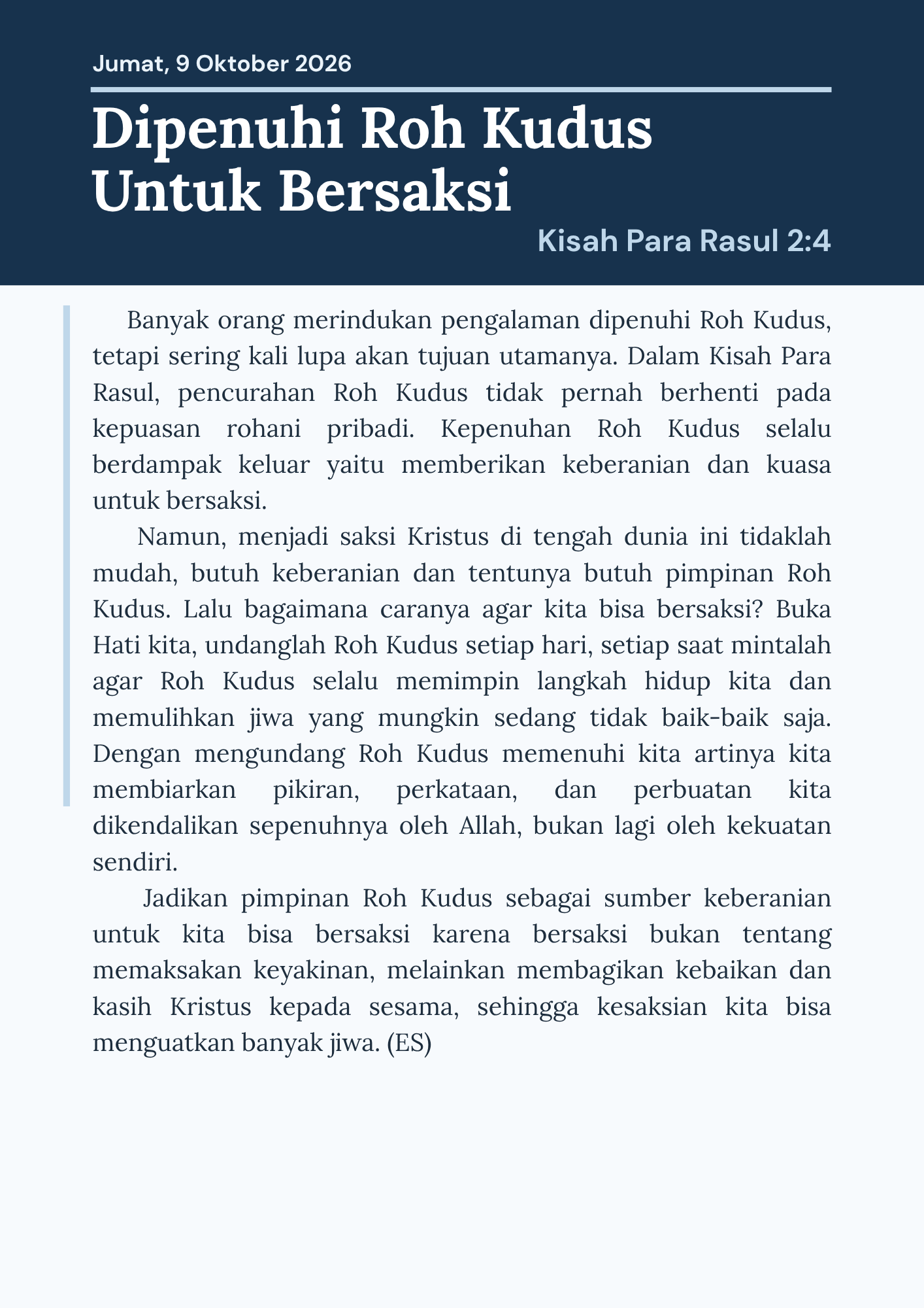 Dipenuhi Roh Kudus untuk bersaksi